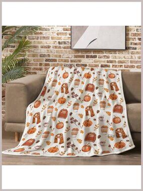Fall Watercolor Throw Blanket – Flannel Fleece – Pumpkin Spice Books Coffee –